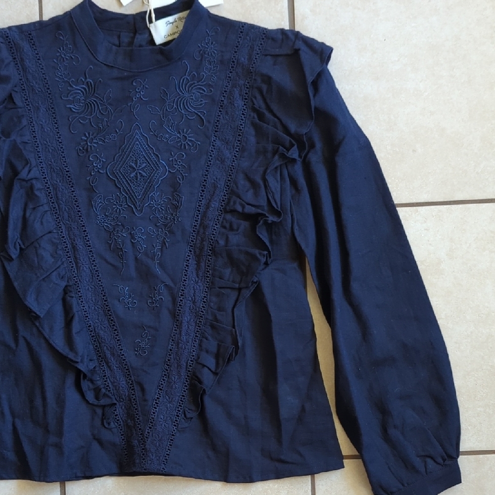 Embroidered Ruffle Long-Sleeve Top - Navy - Picture 4 of 9